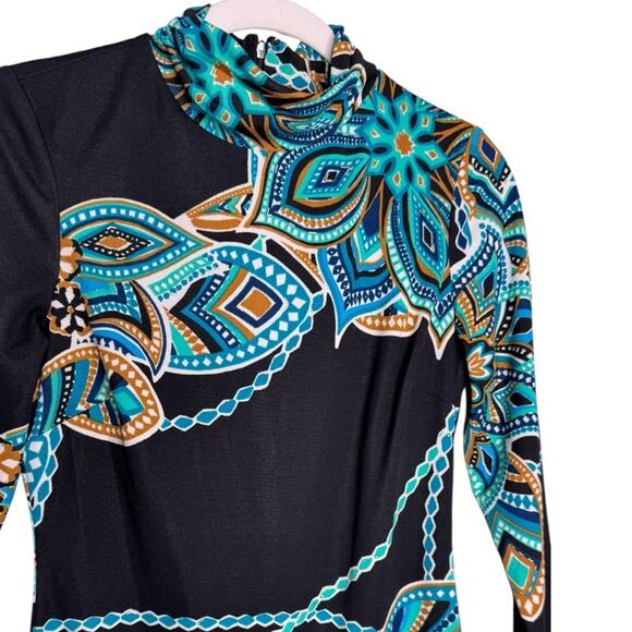 Cache Black & Teal Floral Chain Print Sheath Dress 3/4 Sleeve Size 2 - Picture 4 of 12